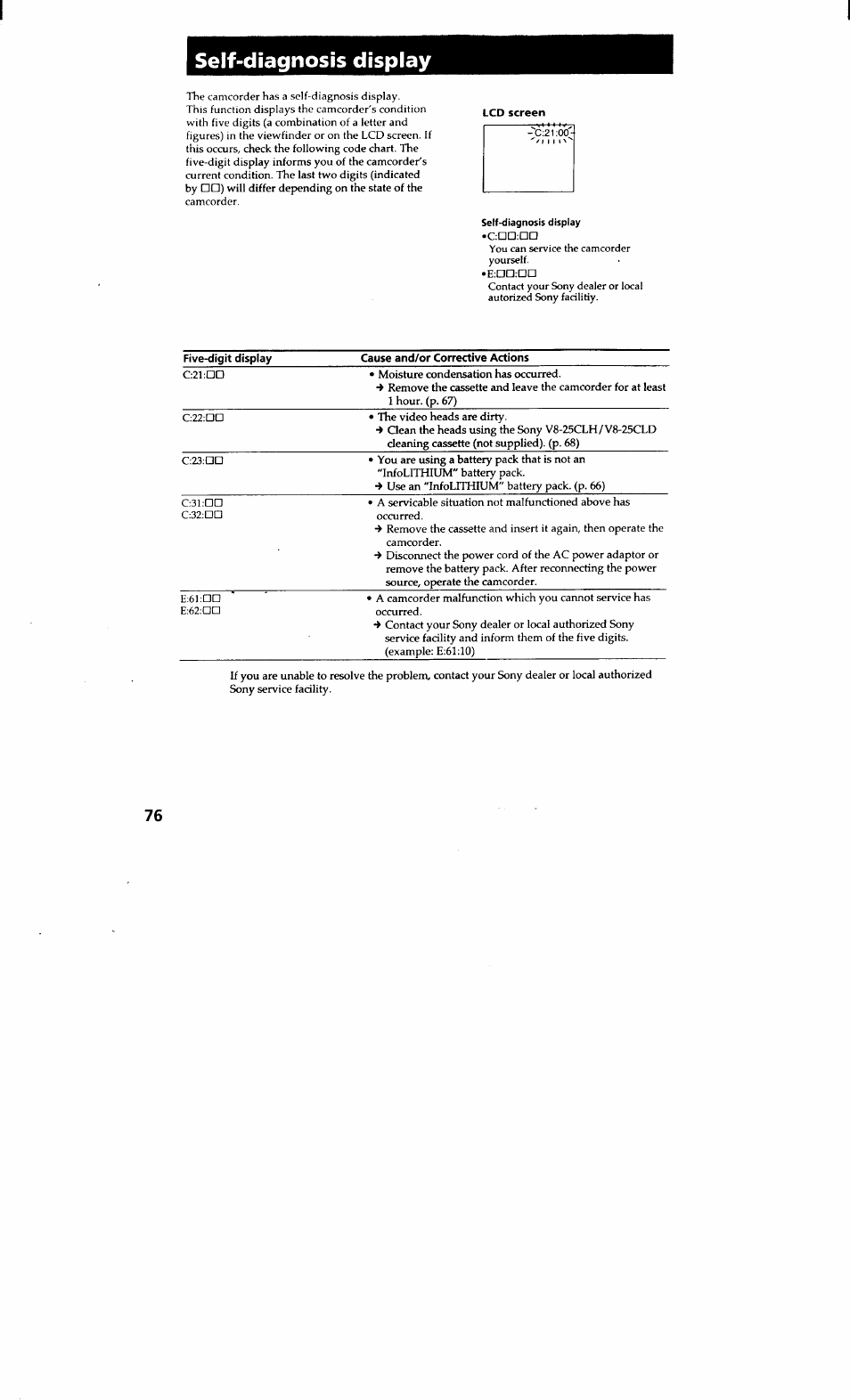 Self-diagnosis display | Sony CCD-TRV615 User Manual | Page 76 / 89