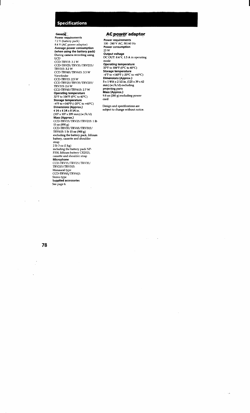 Specifications, Adaptor | Sony CCD-TRV615 User Manual | Page 78 / 89