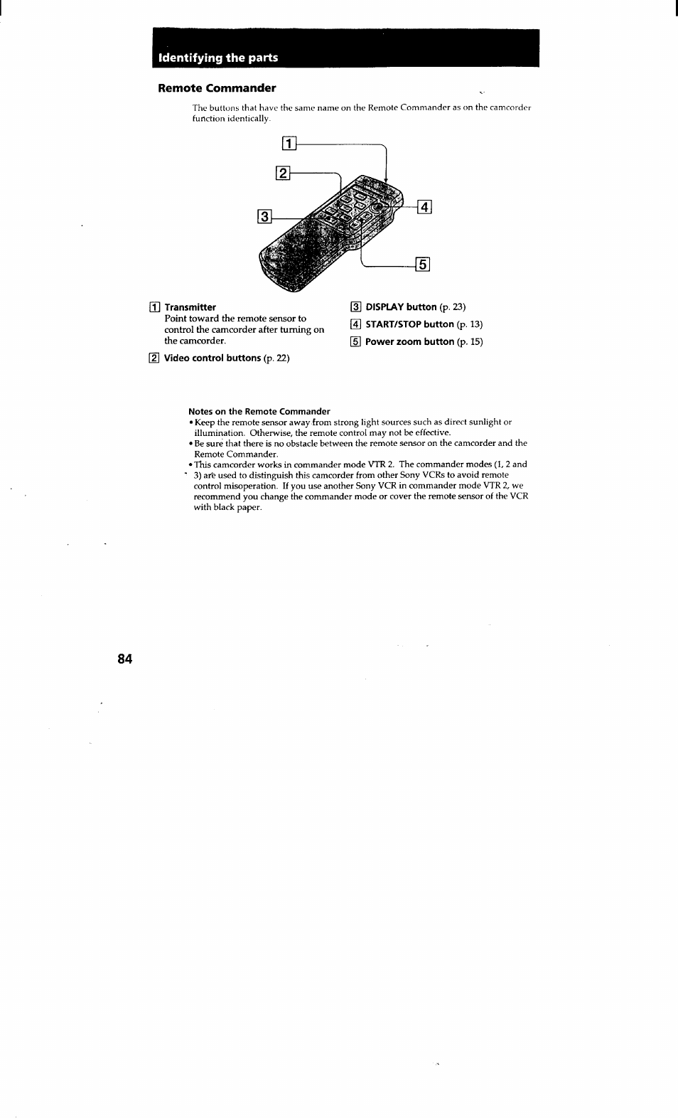 Remote commander, T] transmitter, 2] video control buttons (p. 22) | Identifying the parts | Sony CCD-TRV615 User Manual | Page 84 / 89