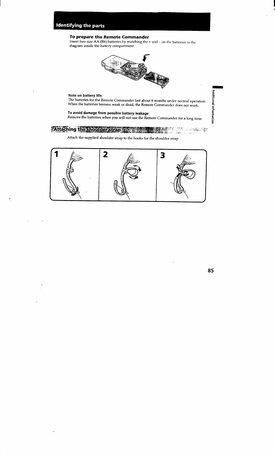 To prepare the remote commander, Note on battery life, To avoid damage from possible battery leakage | Identifying the parts | Sony CCD-TRV615 User Manual | Page 85 / 89