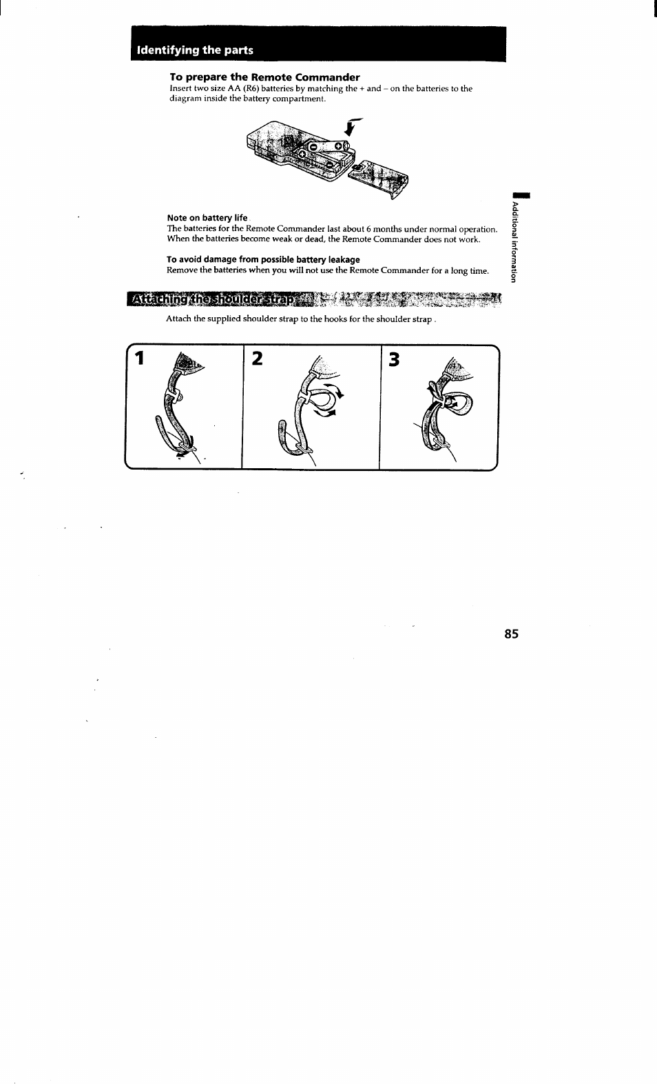 To prepare the remote commander, Note on battery life, To avoid damage from possible battery leakage | Sony CCD-TRV615 User Manual | Page 86 / 89