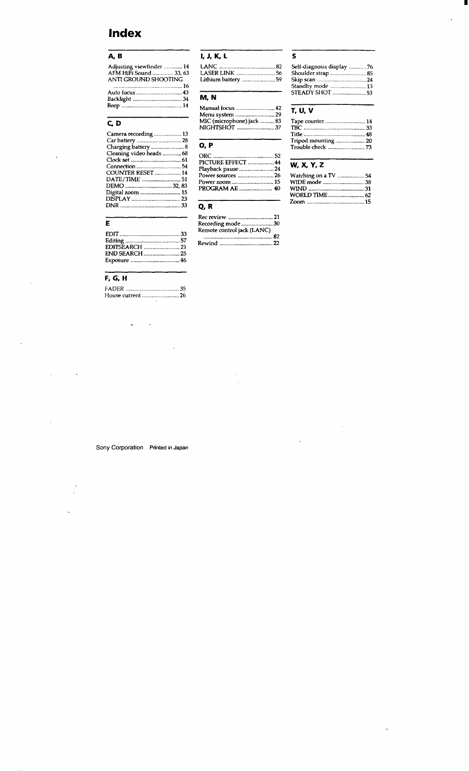 Index | Sony CCD-TRV615 User Manual | Page 89 / 89