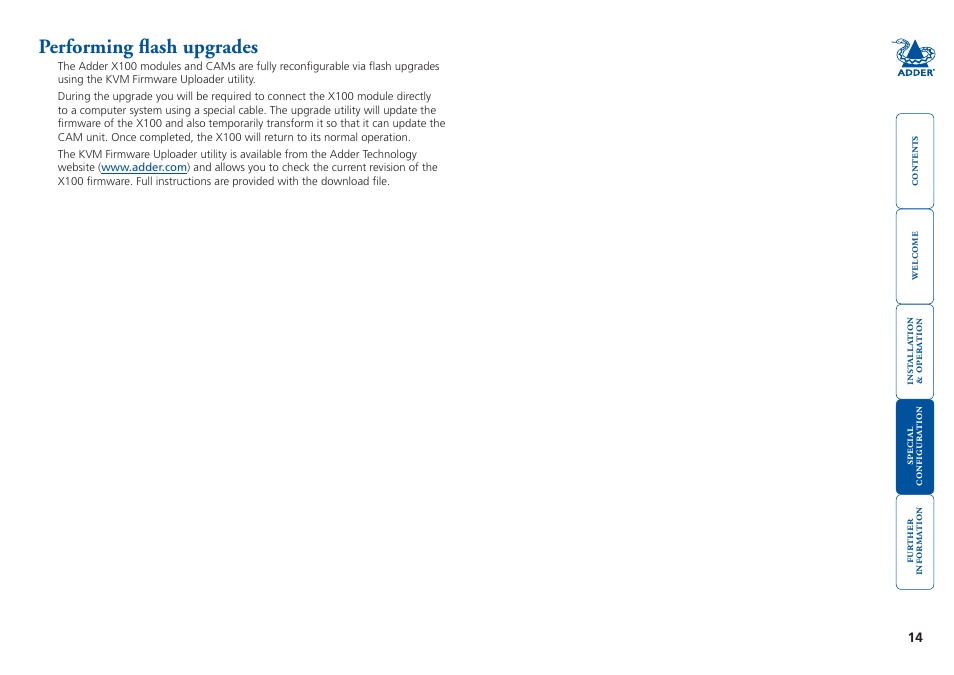 Performing flash upgrades, Performing.flash.upgrades, E can be changed. please see the | Flash, Upgrade, Section in the ‘special configuration’ chapter | Adder Technology X100 User Manual | Page 15 / 19