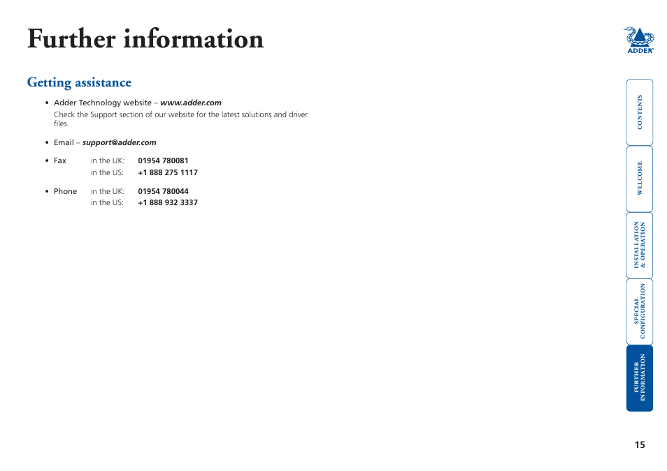 Further information, Getting assistance, Informa | Tion, Getting.assistance | Adder Technology X100 User Manual | Page 16 / 19