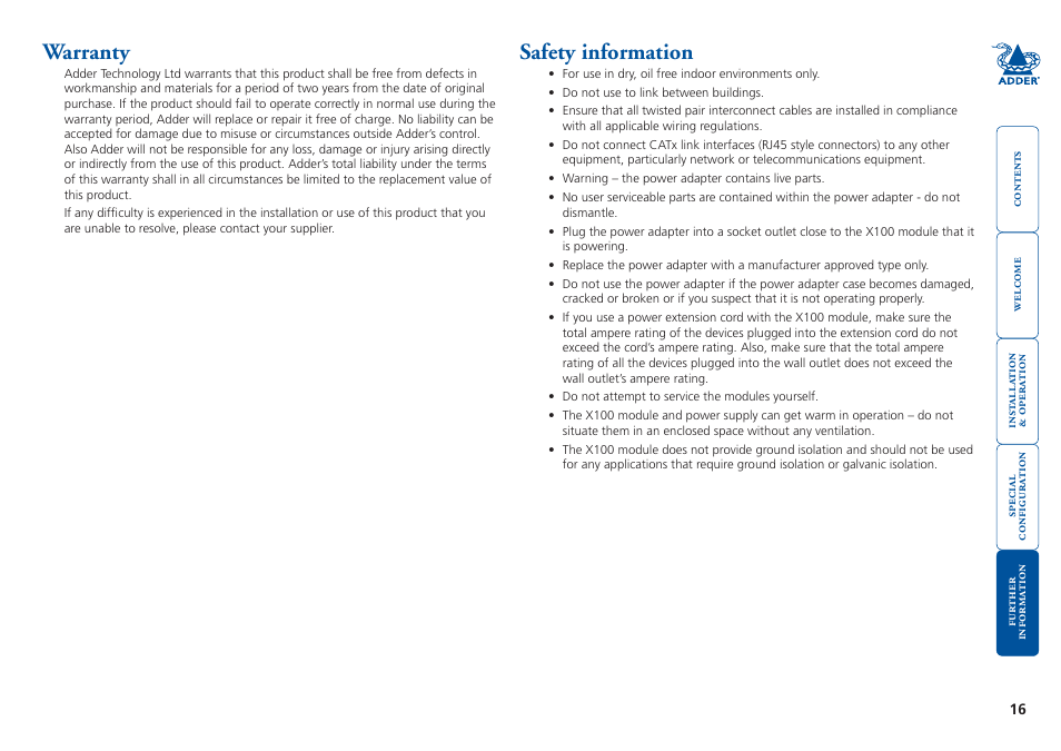 Warranty, Safety information, Warranty safety.information | Adder Technology X100 User Manual | Page 17 / 19