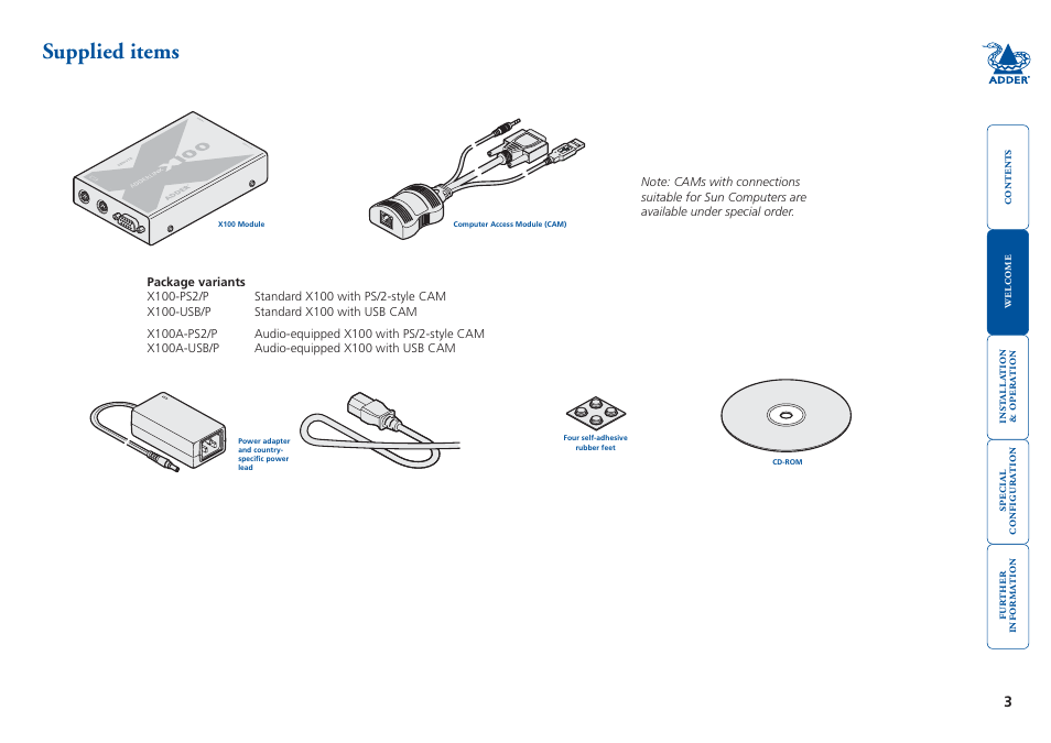 Supplied items | Adder Technology X100 User Manual | Page 4 / 19
