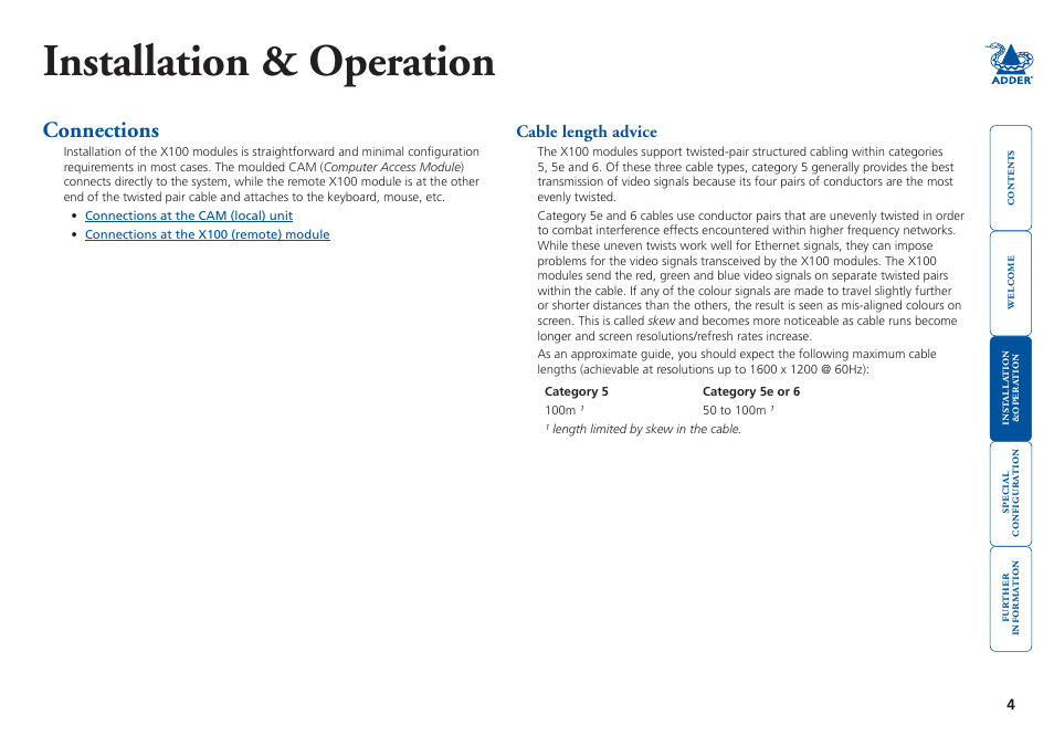 Installation & operation, Connections, Cable length advice | Inst, Ation, Tion, Cable.length.advice | Adder Technology X100 User Manual | Page 5 / 19