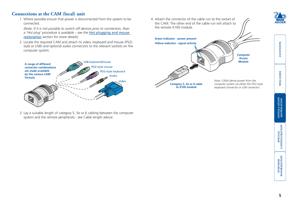 Connections at the cam (local) unit, Connections.at.the.cam.(local).unit | Adder Technology X100 User Manual | Page 6 / 19
