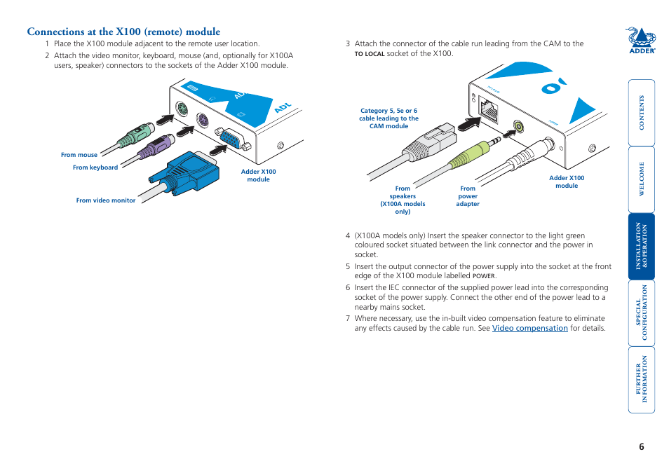 Connections at the x100 (remote) module, Connections.at.the.x100.(remote).module | Adder Technology X100 User Manual | Page 7 / 19