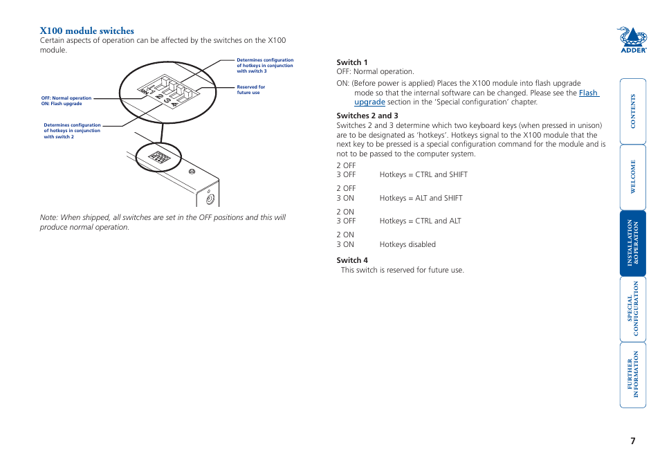 X100 module switches | Adder Technology X100 User Manual | Page 8 / 19
