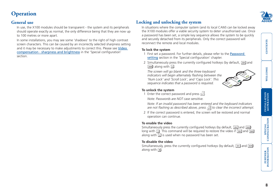 Operation, General use, Locking and unlocking the system | General.use locking.and.unlocking.the.system | Adder Technology X100 User Manual | Page 9 / 19