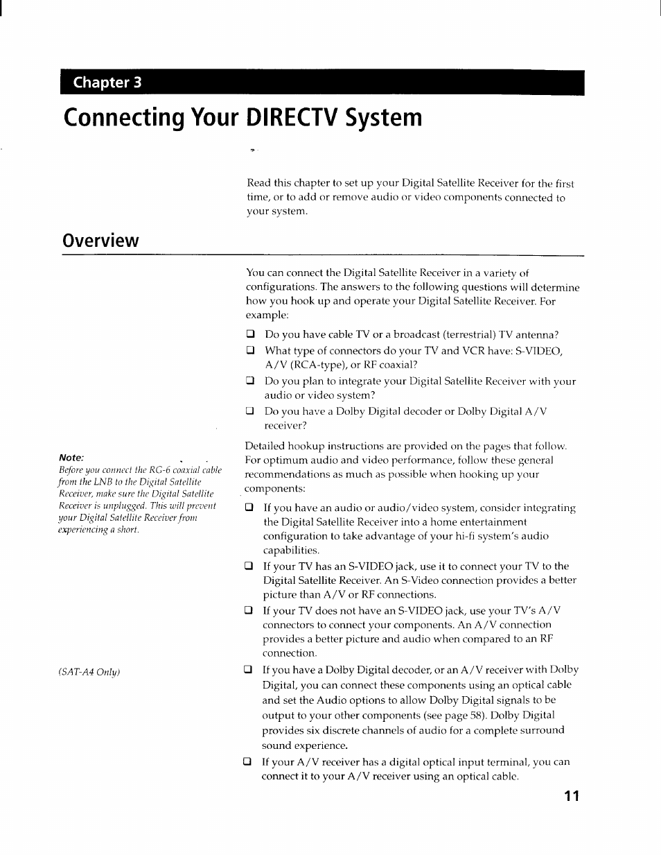 Connecting your directv system, Overview, Chapter 3 | Sony SAT-A4 User Manual | Page 11 / 96