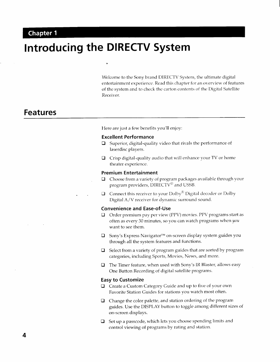 Introducing the directv system, Features, Excellent performance | Premium entertainment, Convenience and ease-of-use, Easy to customize | Sony SAT-A4 User Manual | Page 4 / 96