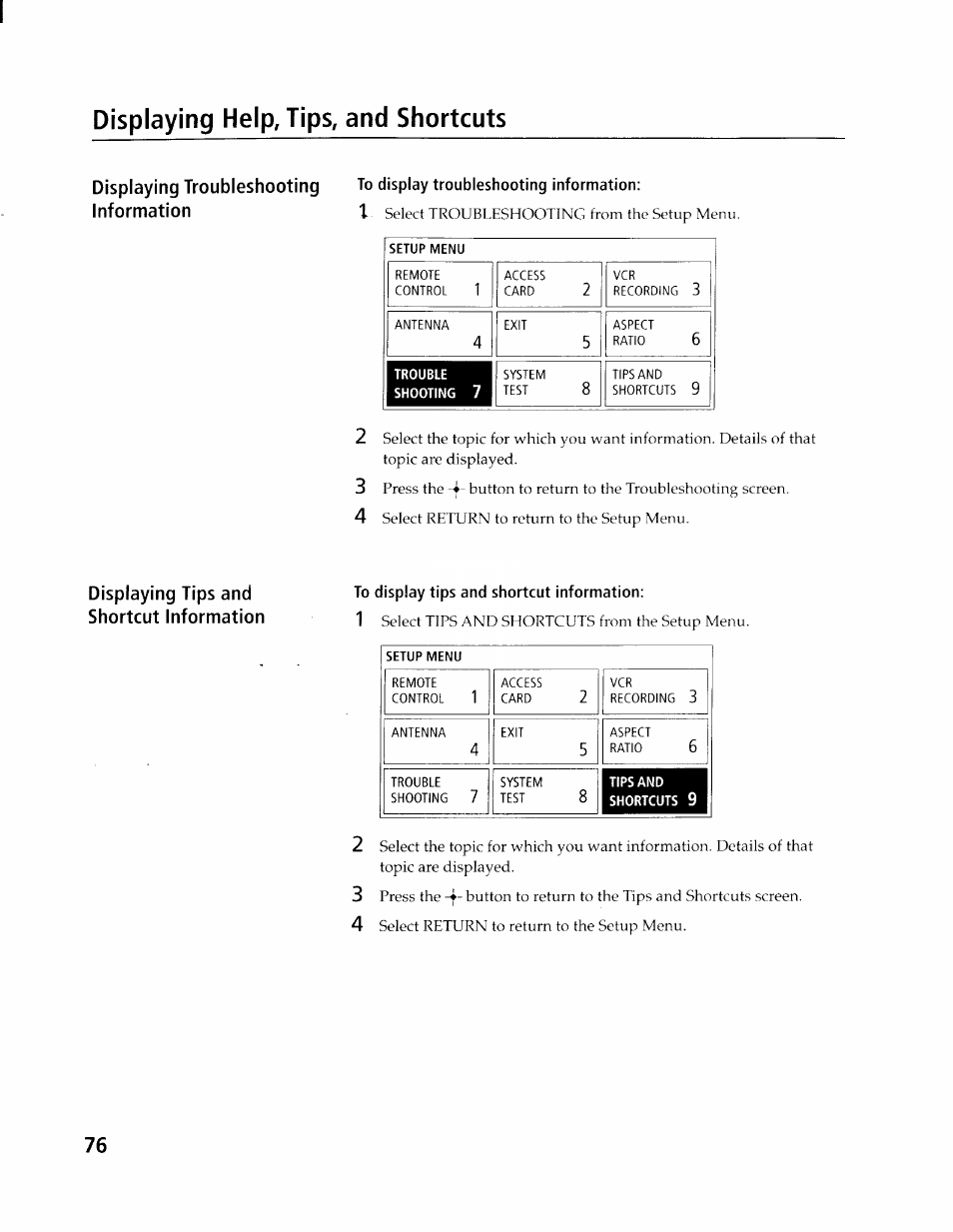 Displaying help, tips, and shortcuts, To display troubleshooting information, To display tips and shortcut information | Sony SAT-A4 User Manual | Page 76 / 96