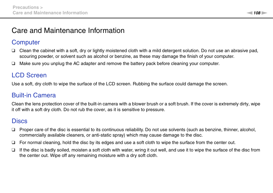 Care and maintenance information, Computer, Lcd screen | Built-in camera, Discs | Sony VPCEB1DGX User Manual | Page 108 / 163