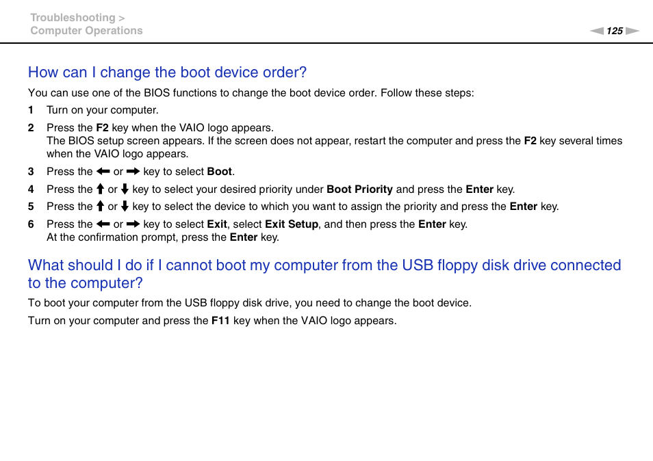 How can i change the boot device order | Sony VPCEB1DGX User Manual | Page 125 / 163