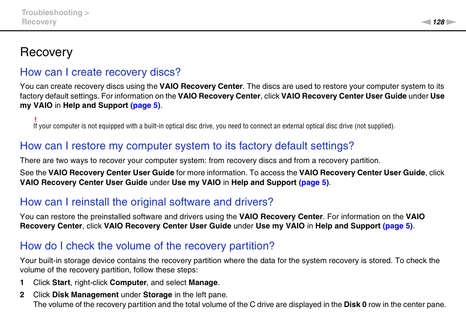 Recovery, How can i create recovery discs | Sony VPCEB1DGX User Manual | Page 128 / 163