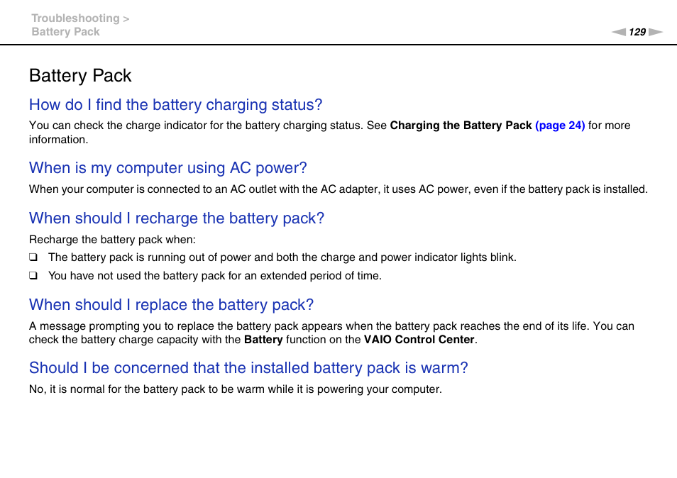 Battery pack, How do i find the battery charging status, When is my computer using ac power | When should i recharge the battery pack, When should i replace the battery pack | Sony VPCEB1DGX User Manual | Page 129 / 163