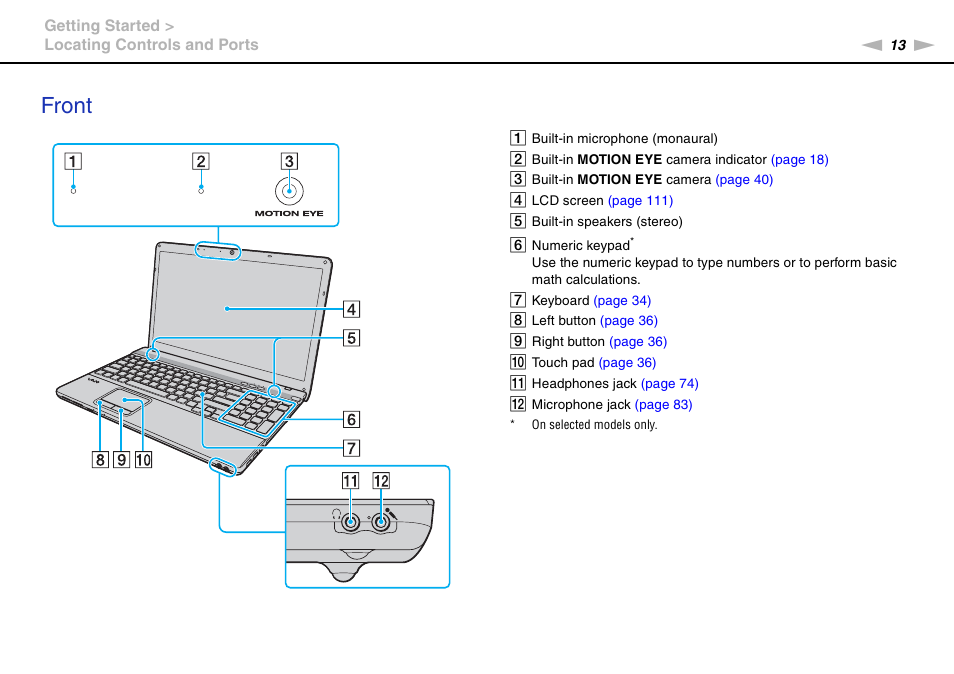 Front | Sony VPCEB1DGX User Manual | Page 13 / 163