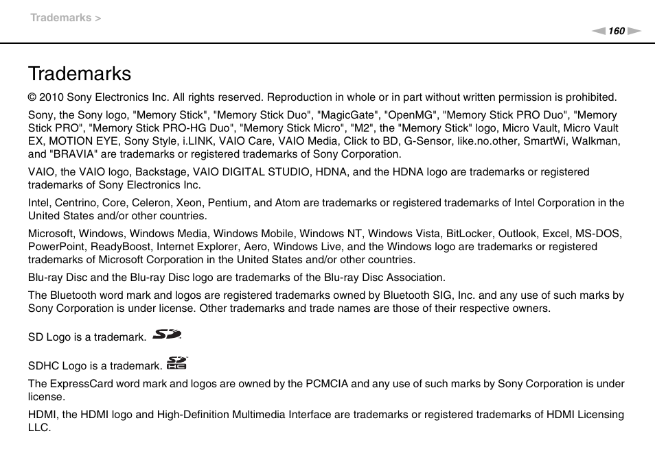 Trademarks | Sony VPCEB1DGX User Manual | Page 160 / 163