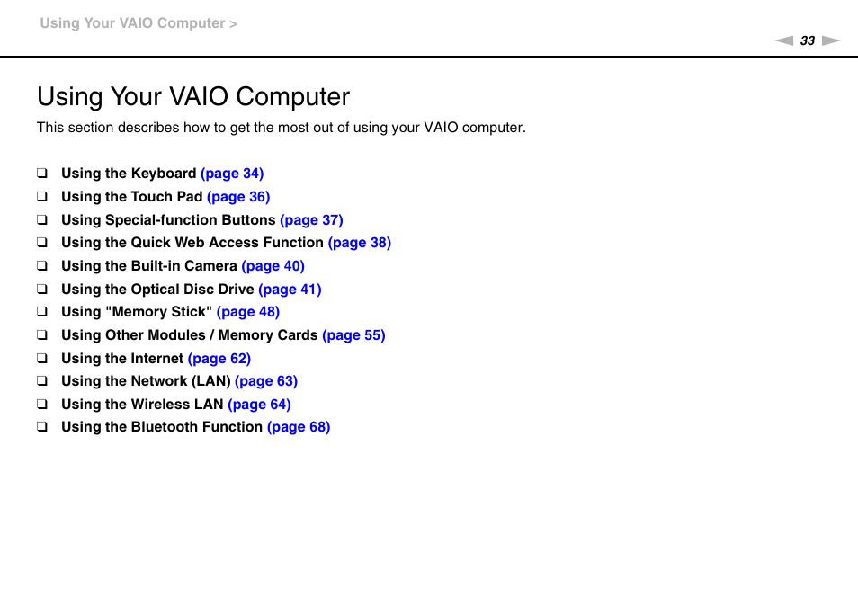 Using your vaio computer | Sony VPCEB1DGX User Manual | Page 33 / 163