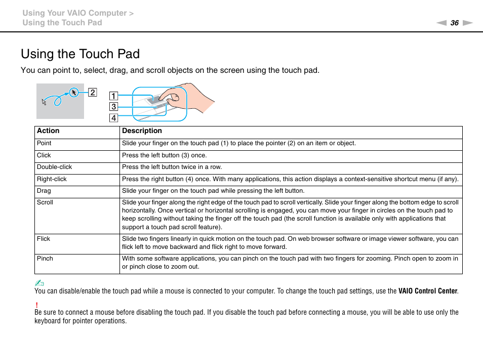 Using the touch pad | Sony VPCEB1DGX User Manual | Page 36 / 163