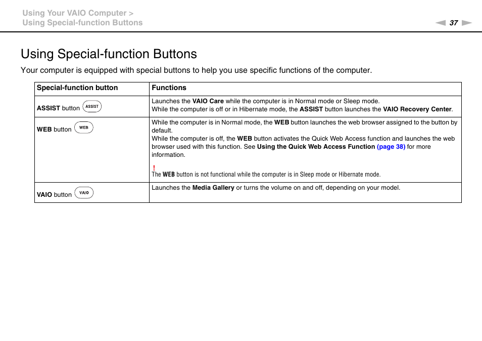 Using special-function buttons | Sony VPCEB1DGX User Manual | Page 37 / 163