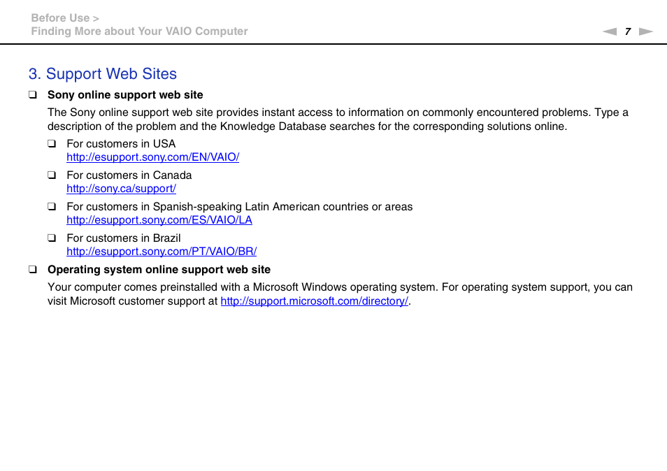 Support web sites | Sony VPCEB1DGX User Manual | Page 7 / 163