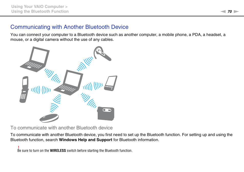 Communicating with another bluetooth device | Sony VPCEB1DGX User Manual | Page 70 / 163