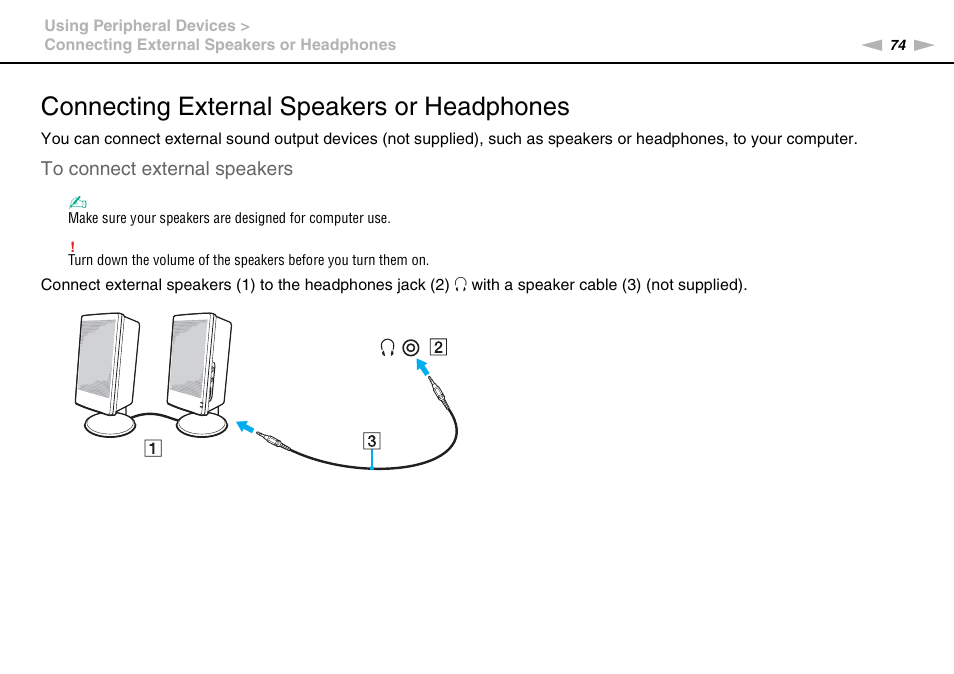 Connecting external speakers or headphones | Sony VPCEB1DGX User Manual | Page 74 / 163