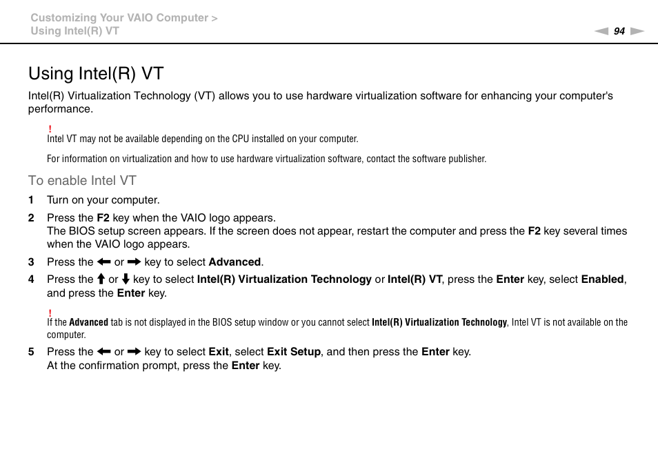 Using intel(r) vt | Sony VPCEB1DGX User Manual | Page 94 / 163