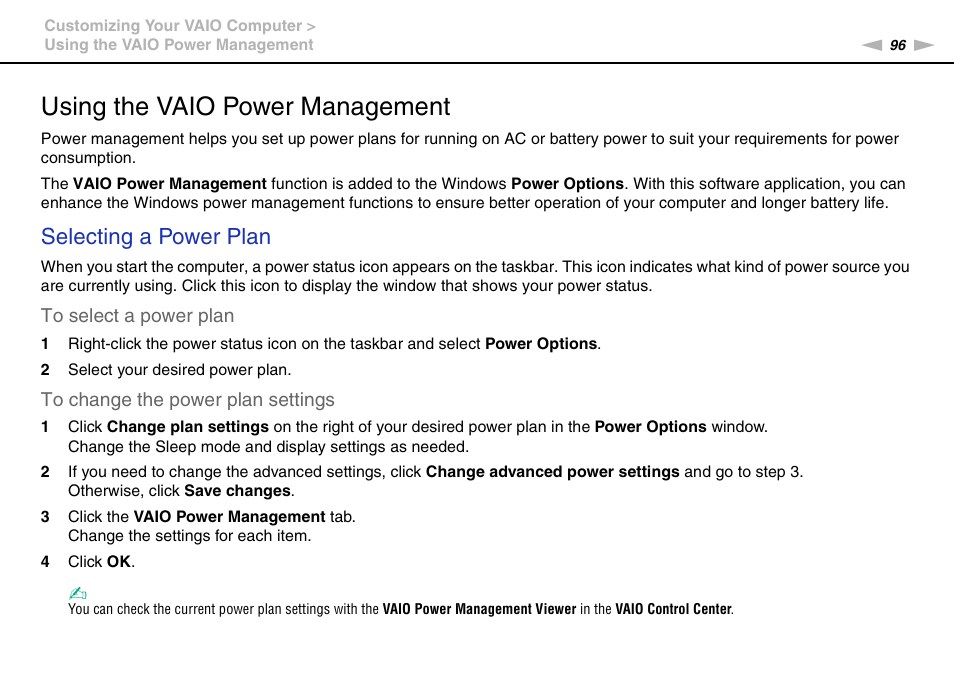Using the vaio power management, Selecting a power plan | Sony VPCEB1DGX User Manual | Page 96 / 163