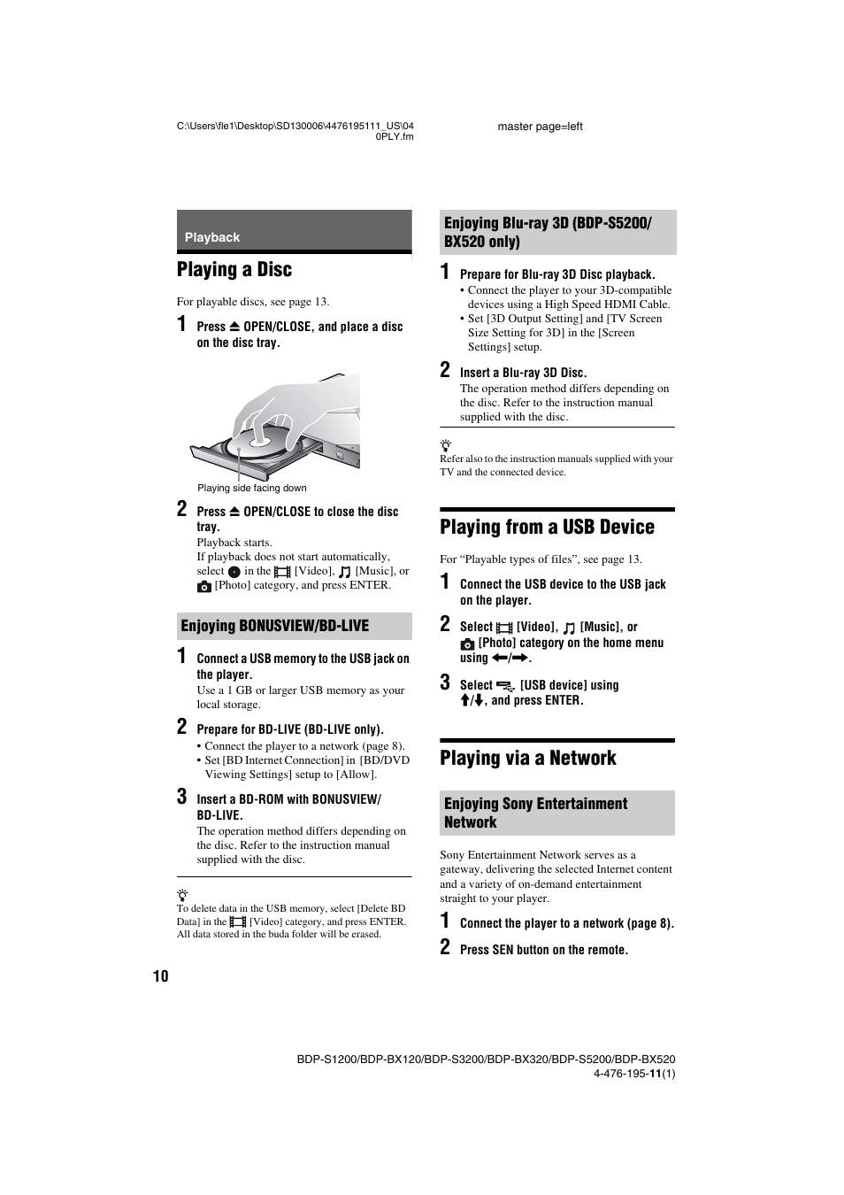 Playback, Playing a disc, Playing from a usb device | Playing via a network | Sony BDP-S3200 User Manual | Page 10 / 16
