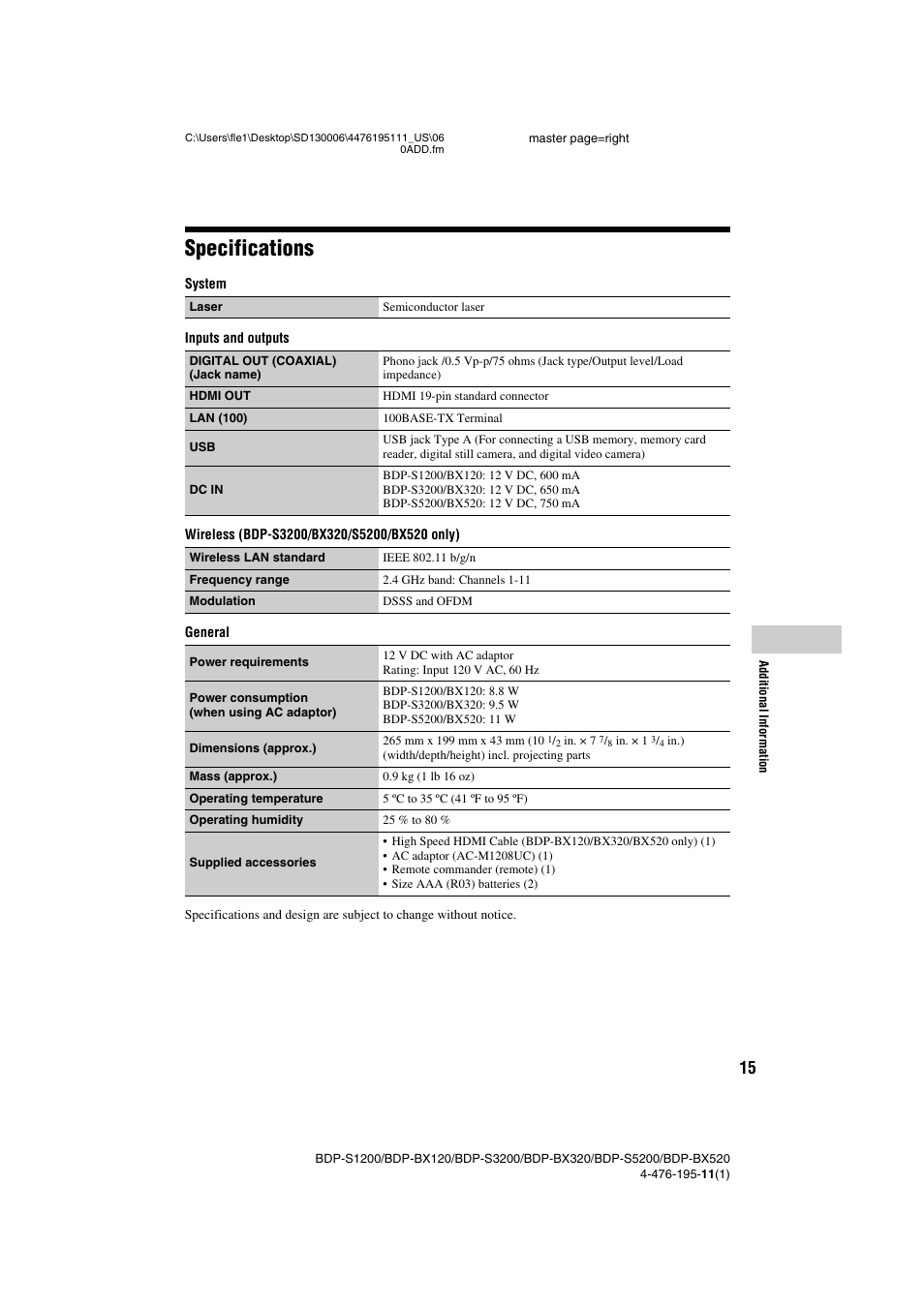 Specifications, 15 specifications | Sony BDP-S3200 User Manual | Page 15 / 16
