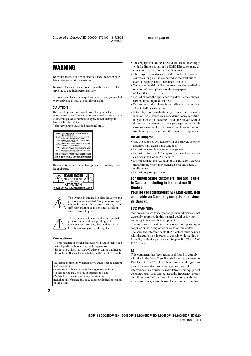 Warning | Sony BDP-S3200 User Manual | Page 2 / 16