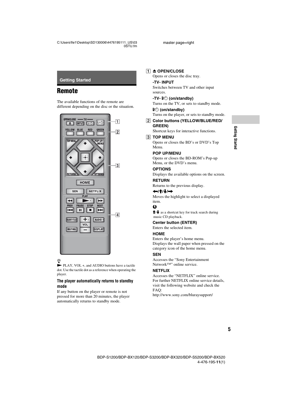 Getting started, Remote | Sony BDP-S3200 User Manual | Page 5 / 16