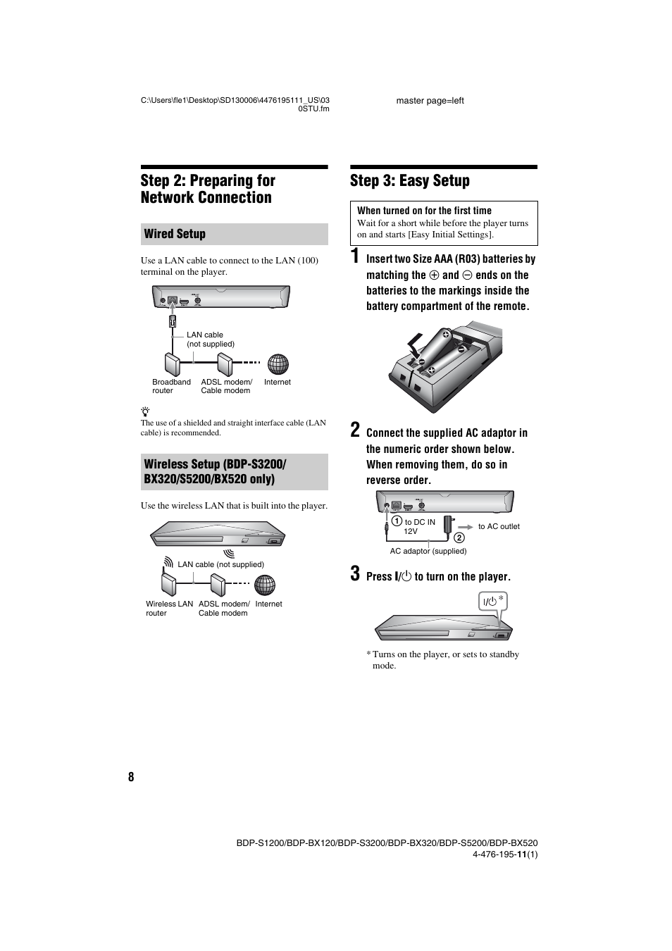 Step 2: preparing for network connection, Step 3: easy setup | Sony BDP-S3200 User Manual | Page 8 / 16