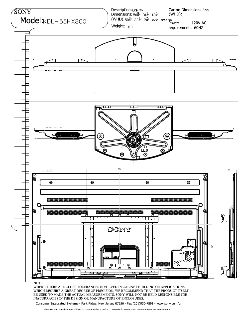 Description: lcd tv 1 dimensions: 5oi' 31^' 13, Model | Sony KDL-55HX801P User Manual | Page 5 / 5