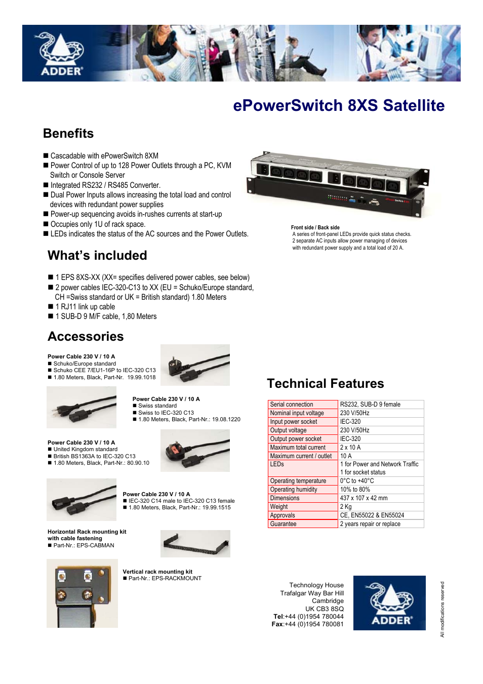 Epowerswitch 8xs satellite, What’s included, Benefits | Accessories, Technical features | Adder Technology 8XS User Manual | Page 2 / 2