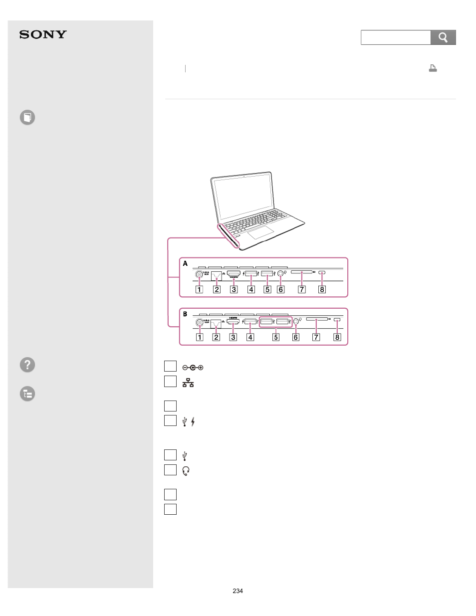 Parts and controls on the sides, User guide, How to use | Troubleshooting list of topics, Vaio fit 14/15, Search | Sony SVF14A14CXB User Manual | Page 234 / 437