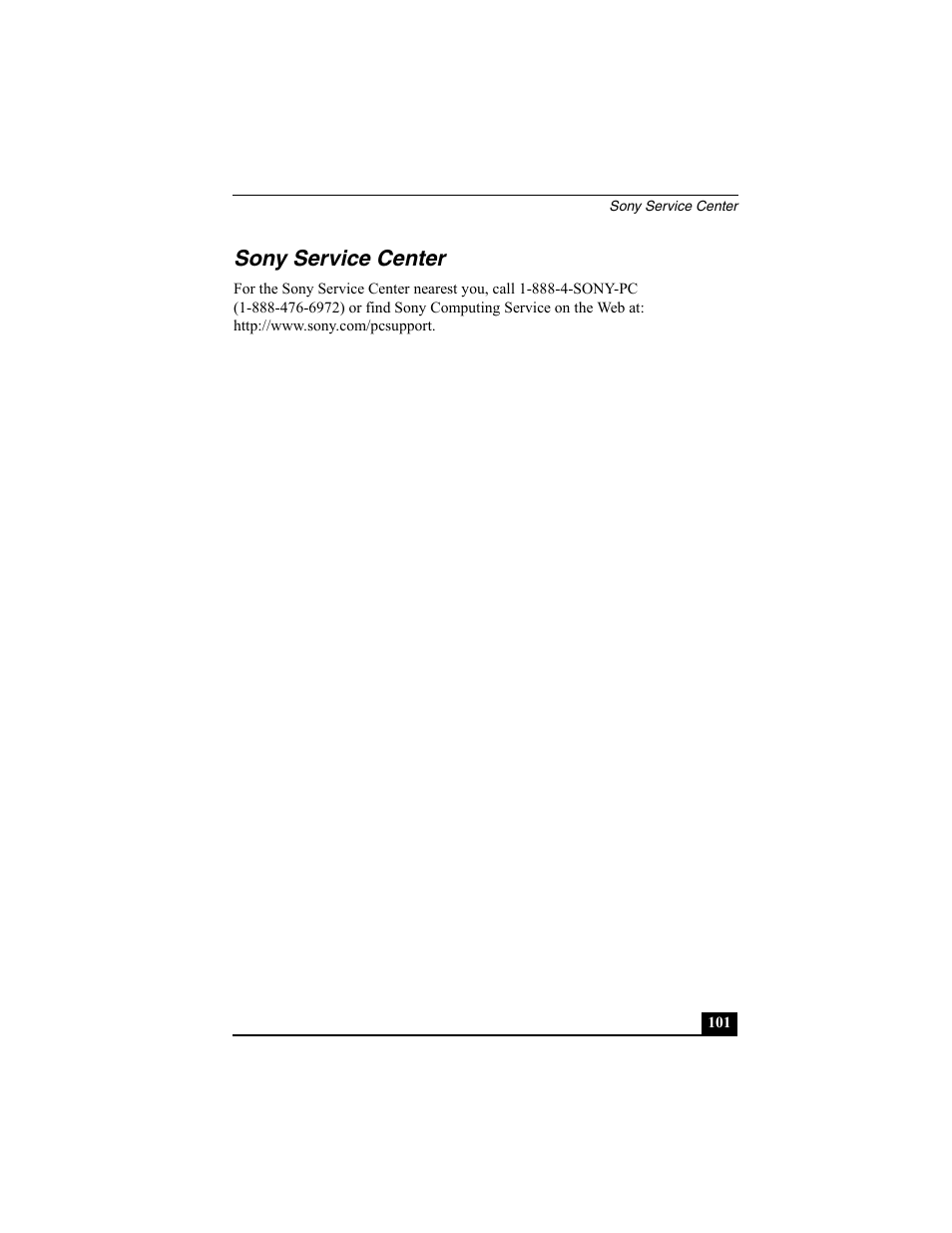 Sony service center | Sony PCG-SRX87 User Manual | Page 101 / 143