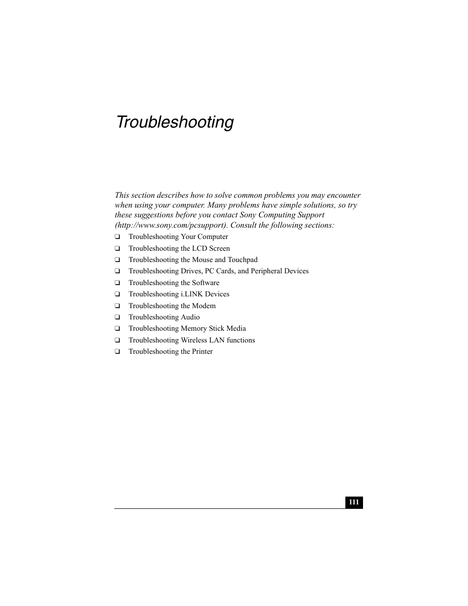 Troubleshooting | Sony PCG-SRX87 User Manual | Page 111 / 143