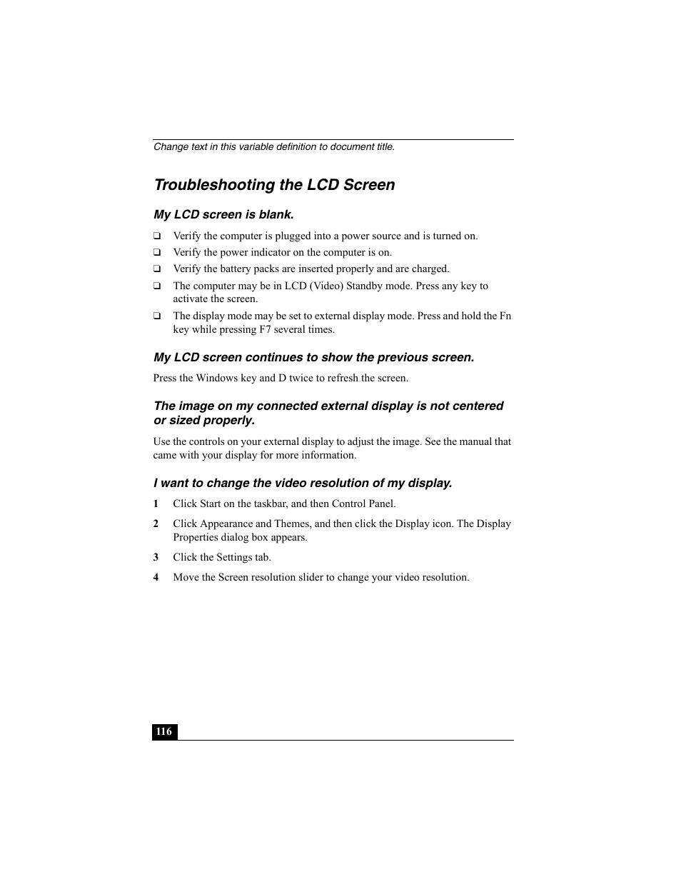 Troubleshooting the lcd screen, My lcd screen is blank | Sony PCG-SRX87 User Manual | Page 116 / 143