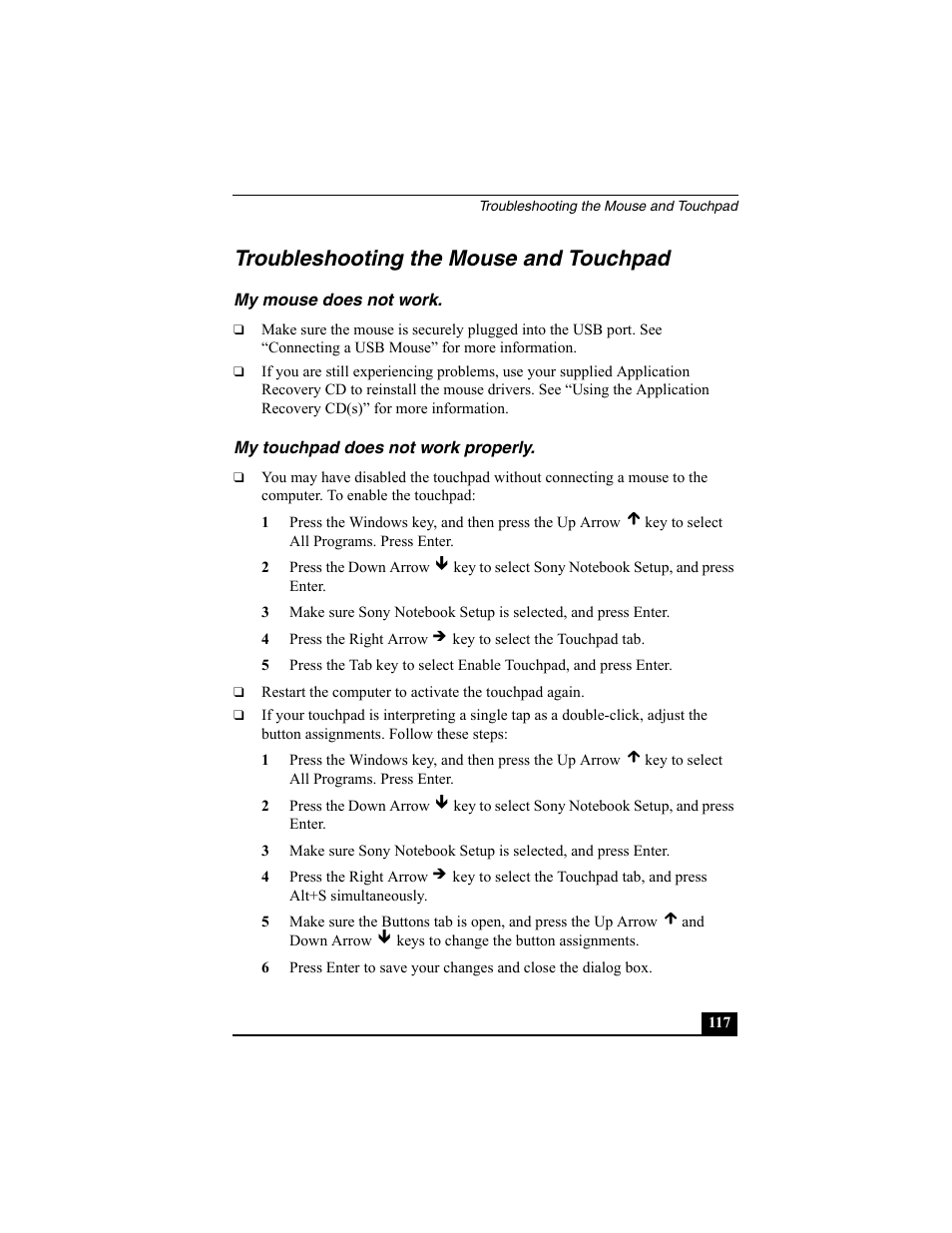 Troubleshooting the mouse and touchpad, My mouse does not work, My touchpad does not work properly | Sony PCG-SRX87 User Manual | Page 117 / 143