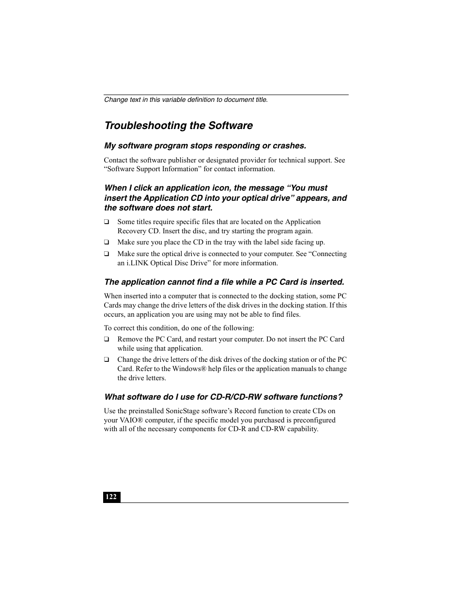 Troubleshooting the software, My software program stops responding or crashes | Sony PCG-SRX87 User Manual | Page 122 / 143