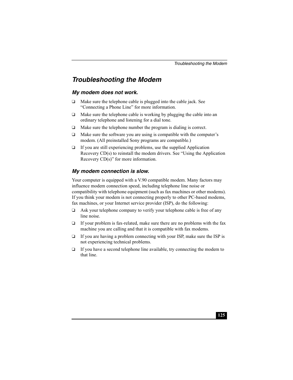 Troubleshooting the modem, My modem does not work, My modem connection is slow | My modem does not work my modem connection is slow | Sony PCG-SRX87 User Manual | Page 125 / 143