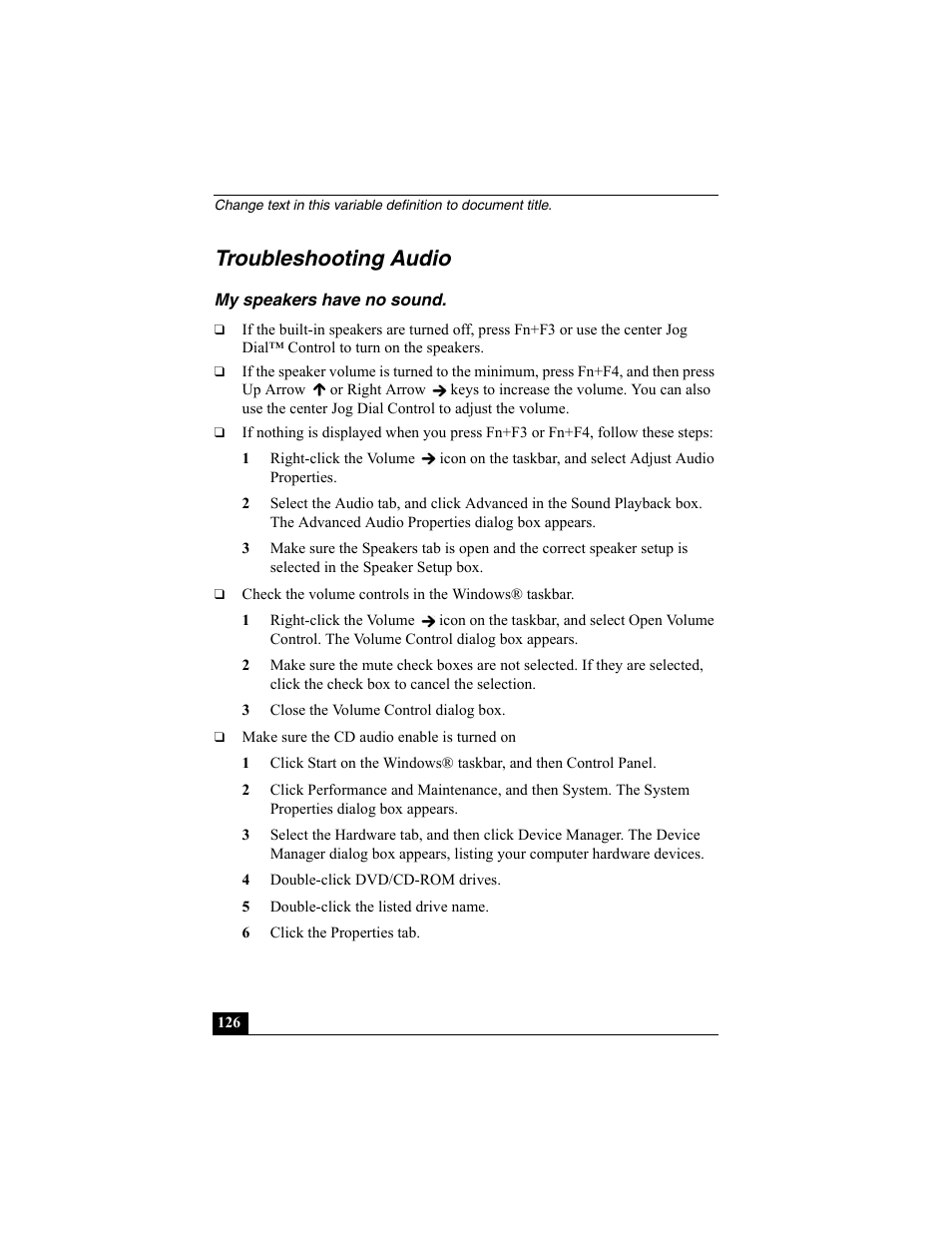 Troubleshooting audio, My speakers have no sound | Sony PCG-SRX87 User Manual | Page 126 / 143