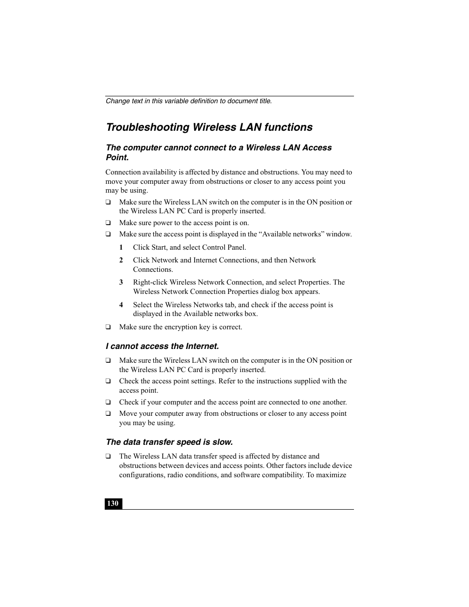 Troubleshooting wireless lan functions, I cannot access the internet, The data transfer speed is slow | Sony PCG-SRX87 User Manual | Page 130 / 143