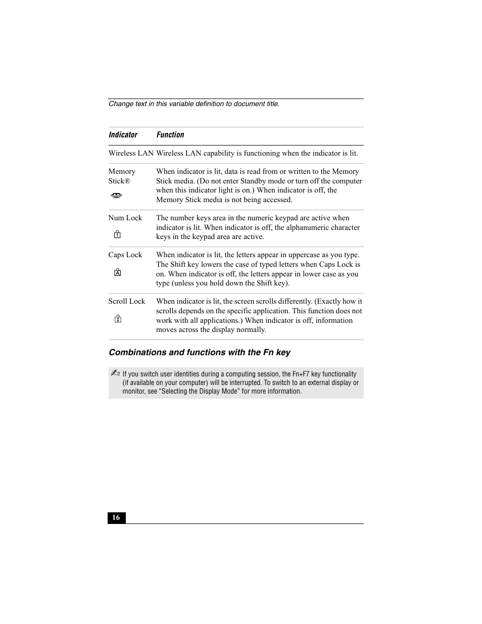 Combinations and functions with the fn key | Sony PCG-SRX87 User Manual | Page 16 / 143