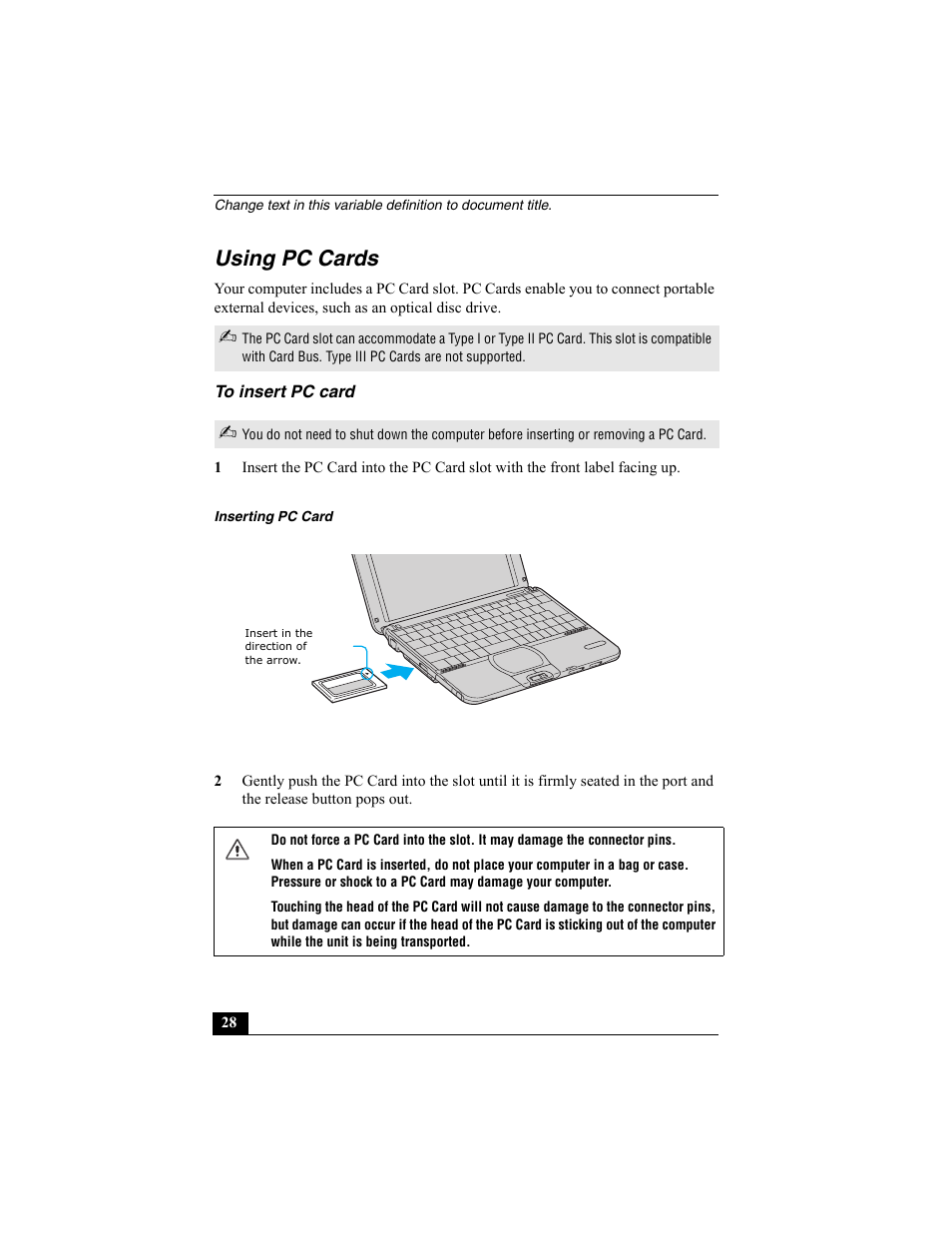 Using pc cards, To insert pc card | Sony PCG-SRX87 User Manual | Page 28 / 143